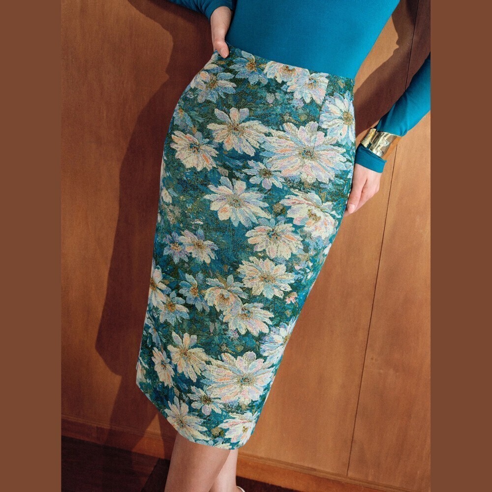 Teal Blue Floral Tapestry Pattern High Waisted Midi Pencil Skirt